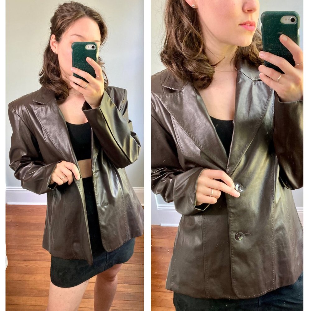 Vintage 100% Leather Y2K Chocolate Brown Blazer Jacket